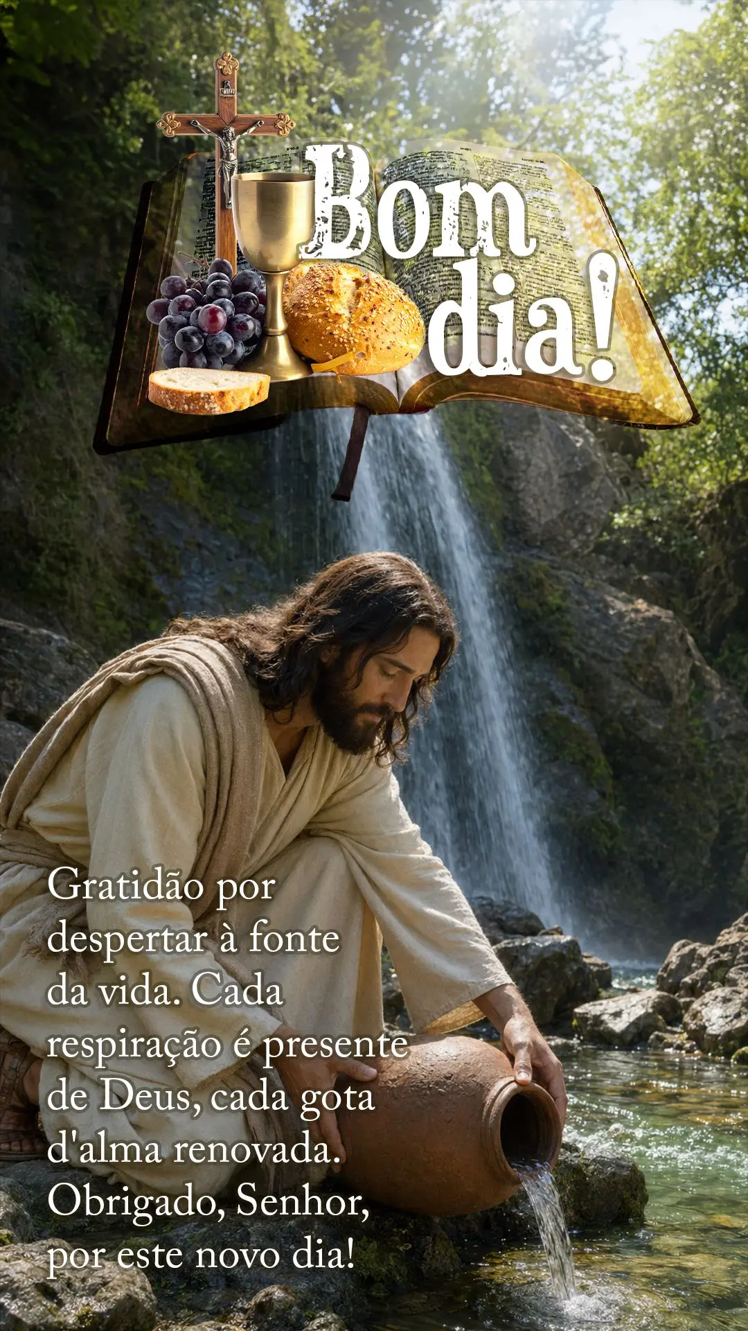Gratidão por despertar à fonte da vida. Cada respiração é presente de Deus, cada gota d'alma renovada. Obrigado, Senhor, por este novo dia.
