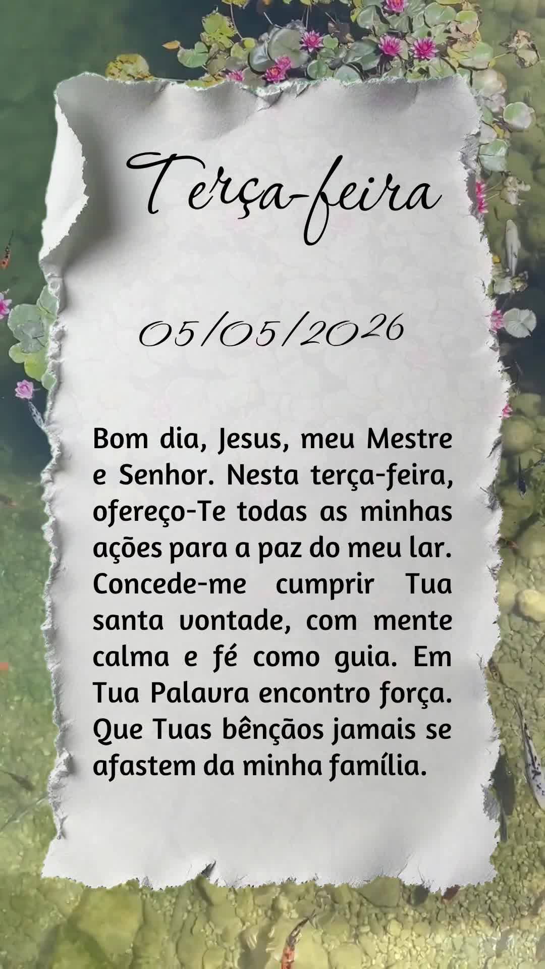 Bom dia, Jesus, meu Mestre e Senhor. Nesta terça-feira, ofereço-Te todas as minhas ações para a paz do meu lar. Concede-me cumprir Tua santa vontade,...