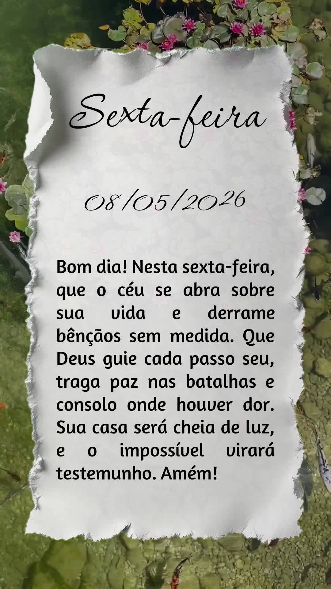Bom dia! Nesta sexta-feira, que o céu se abra sobre sua vida e derrame bênçãos sem medida. Que Deus guie cada passo seu, traga paz nas batalhas e con...