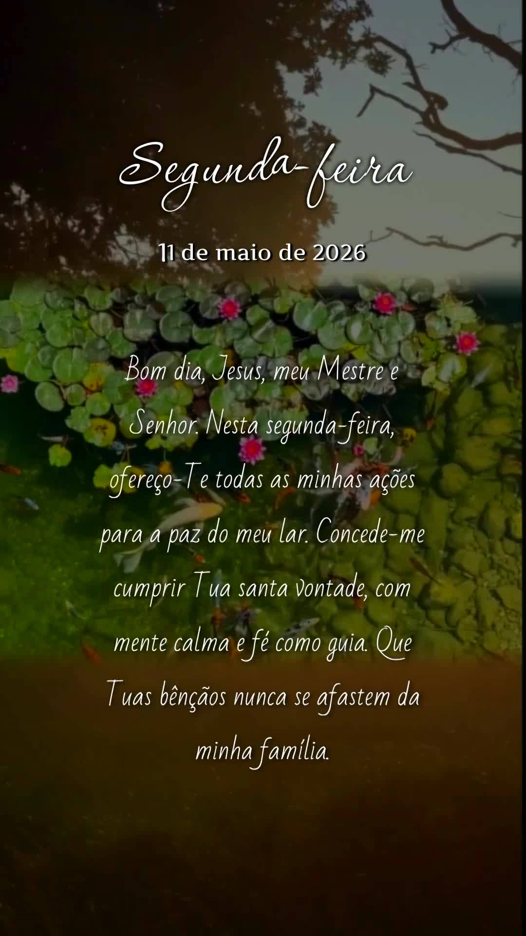Bom dia, Jesus, meu Mestre e Senhor. Nesta segunda-feira, ofereço-Te todas as minhas ações para a paz do meu lar. Concede-me cumprir Tua santa vontade...