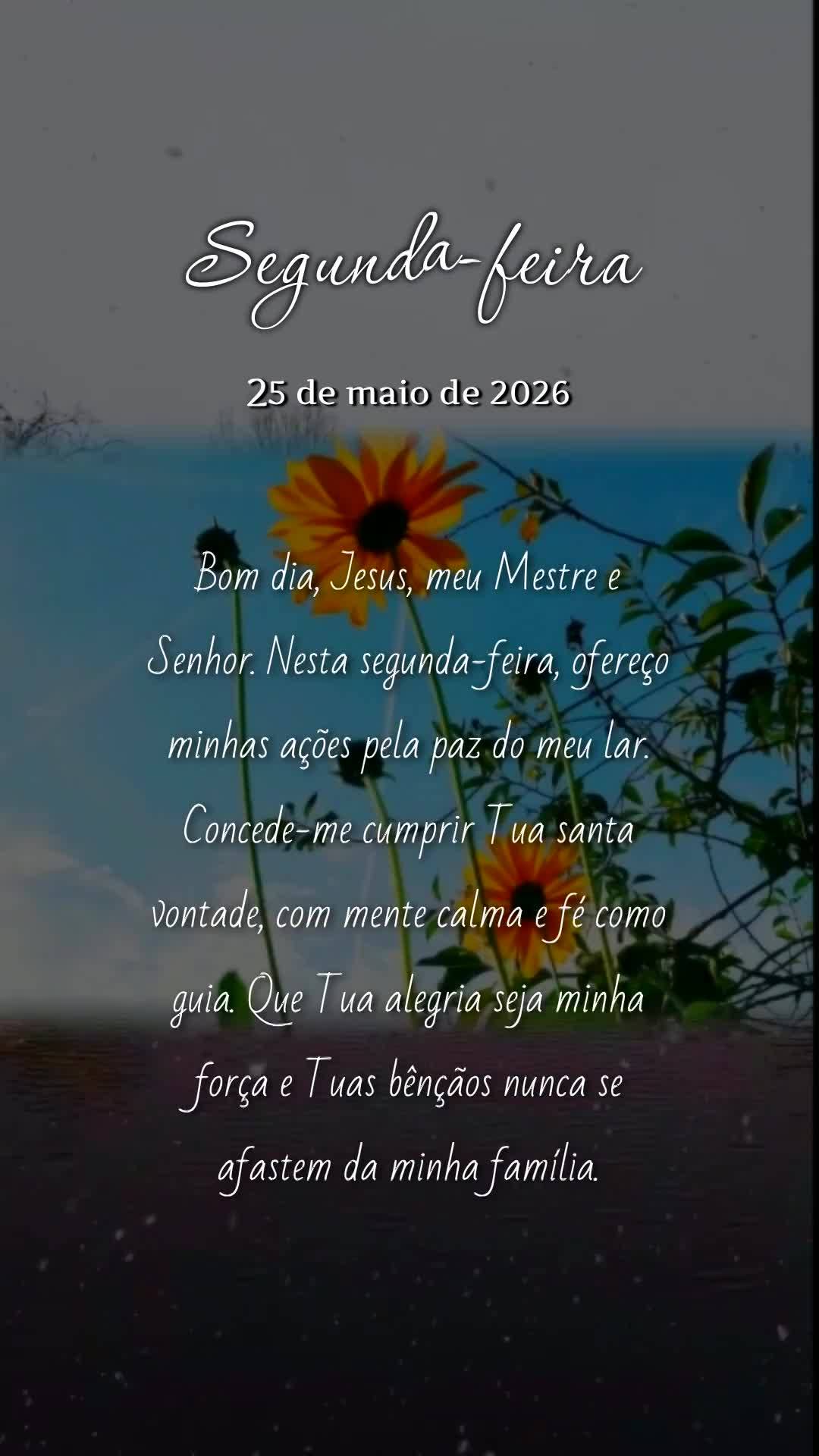 Bom dia, Jesus, meu Mestre e Senhor. Nesta segunda-feira, ofereço minhas ações pela paz do meu lar. Concede-me cumprir Tua santa vontade, com mente ca...