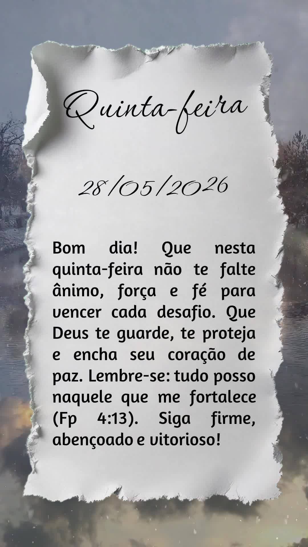 Bom dia! Que nesta quinta-feira não te falte ânimo, força e fé para vencer cada desafio. Que Deus te guarde, te proteja e encha seu coração de paz....