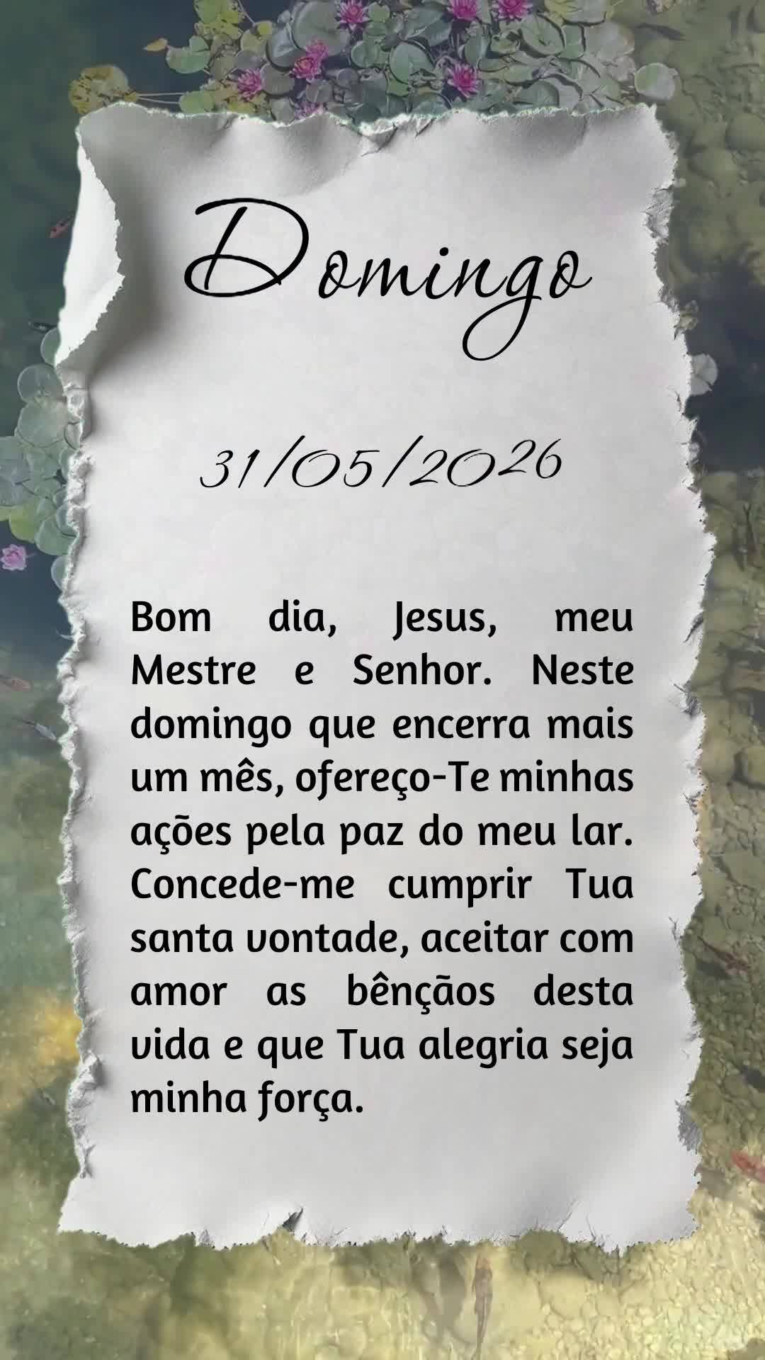 Bom dia, Jesus, meu Mestre e Senhor. Neste domingo que encerra mais um mês, ofereço-Te minhas ações pela paz do meu lar. Concede-me cumprir Tua santa...