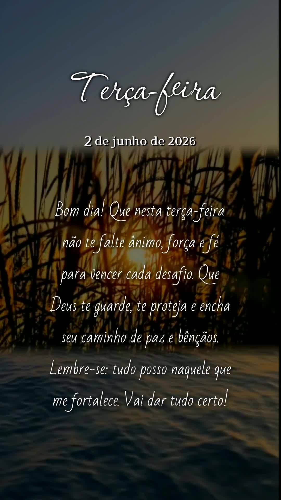 Bom dia! Que nesta terça-feira não te falte ânimo, força e fé para vencer cada desafio. Que Deus te guarde, te proteja e encha seu caminho de paz e ...