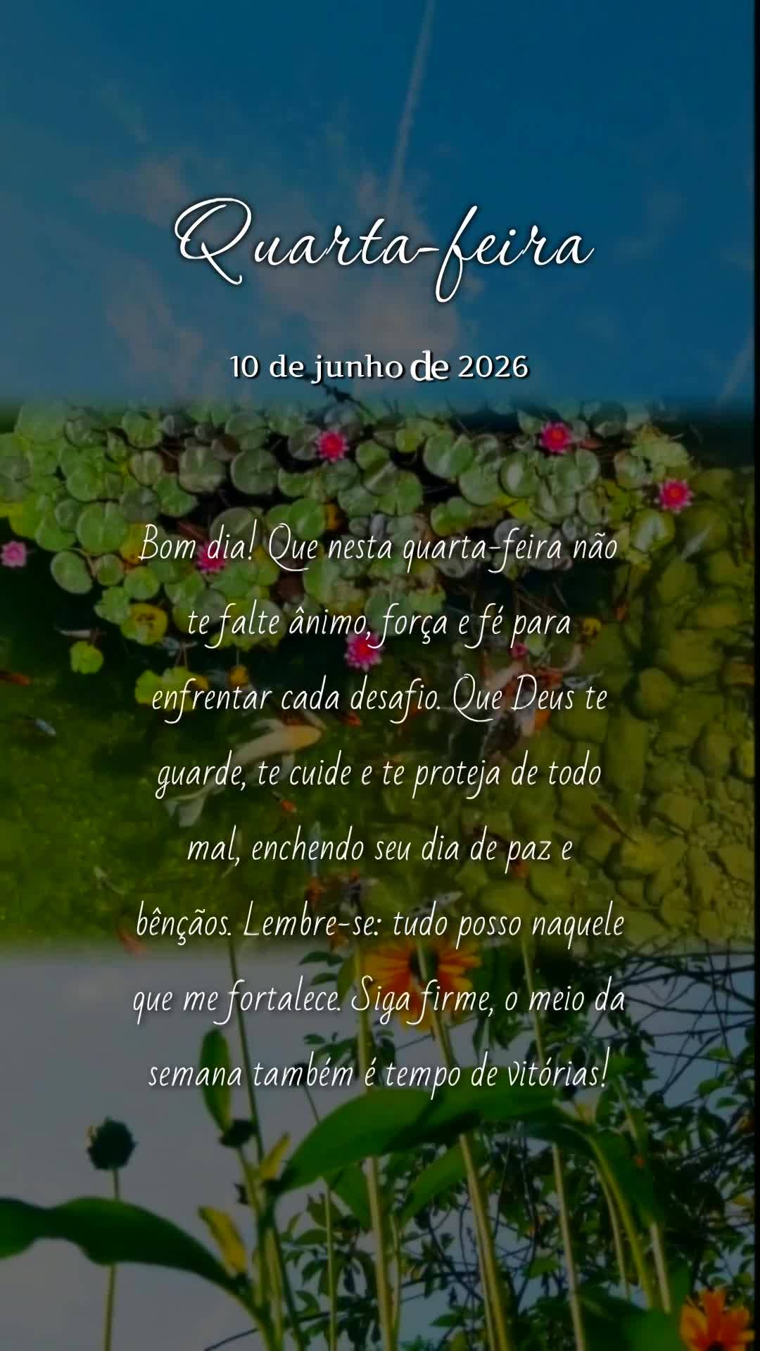 Bom dia! Que nesta quarta-feira não te falte ânimo, força e fé para enfrentar cada desafio. Que Deus te guarde, te cuide e te proteja de todo mal, en...