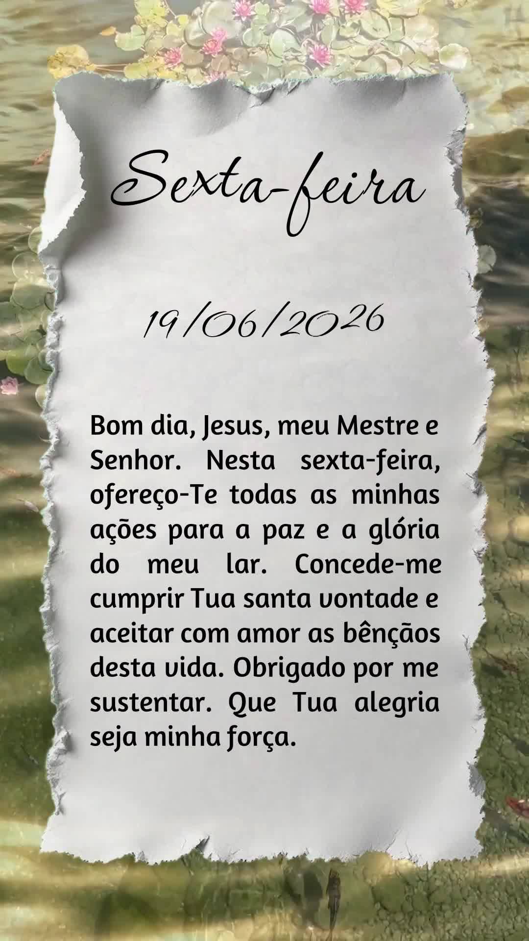 Bom dia, Jesus, meu Mestre e Senhor. Nesta sexta-feira, ofereço-Te todas as minhas ações para a paz e a glória do meu lar. Concede-me cumprir Tua san...