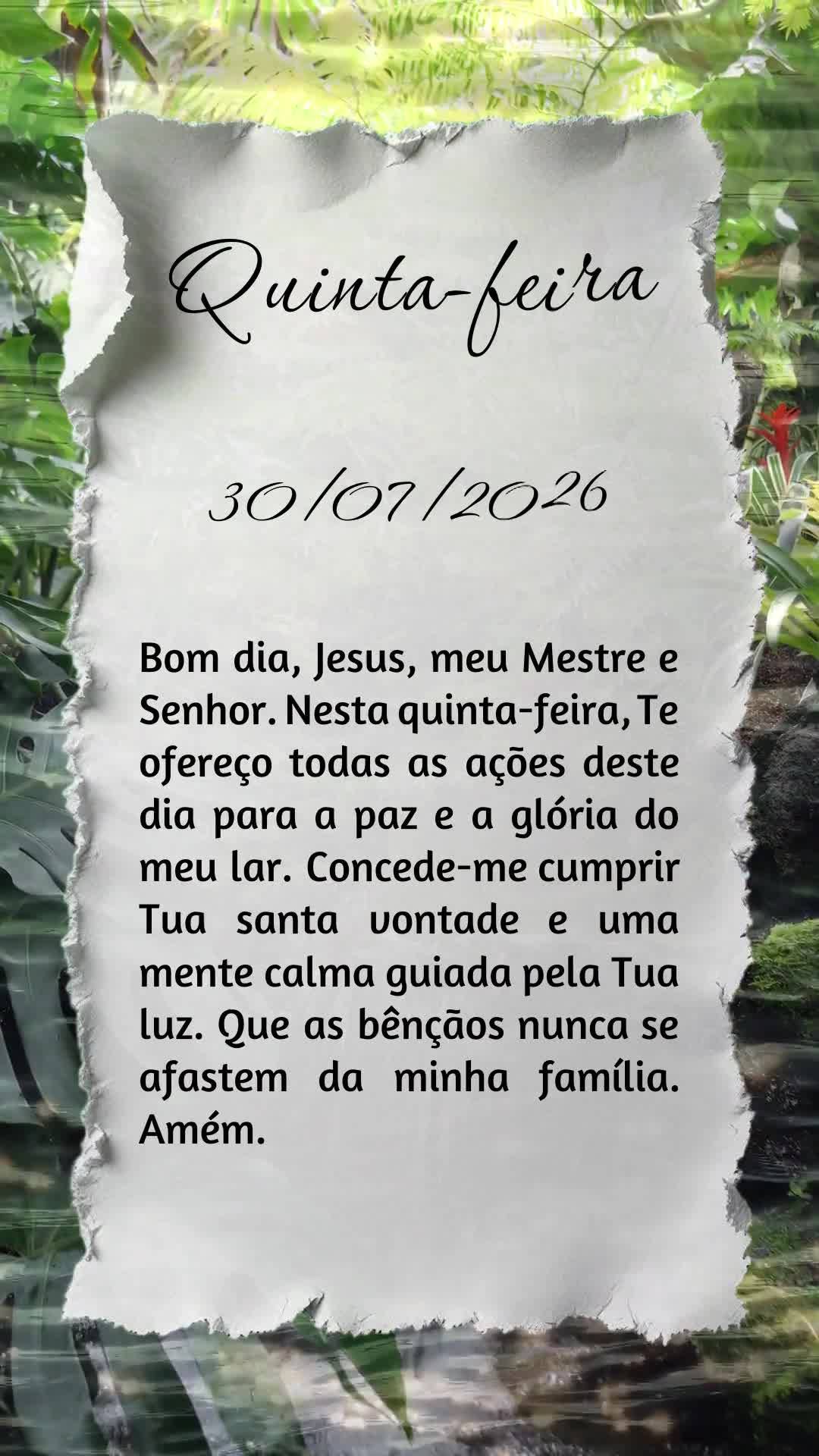 Bom dia, Jesus, meu Mestre e Senhor. Nesta quinta-feira, Te ofereço todas as ações deste dia para a paz e a glória do meu lar. Concede-me cumprir Tua...