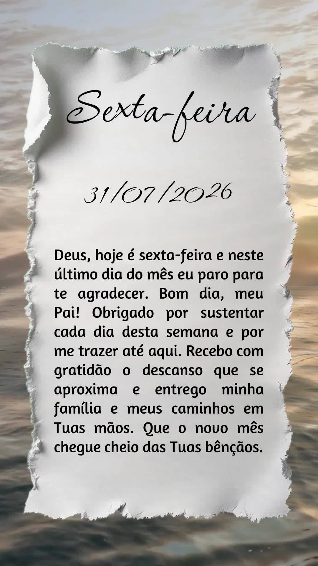 Deus, hoje é sexta-feira e neste último dia do mês eu paro para te agradecer. Bom dia, meu Pai! Obrigado por sustentar cada dia desta semana e por me ...