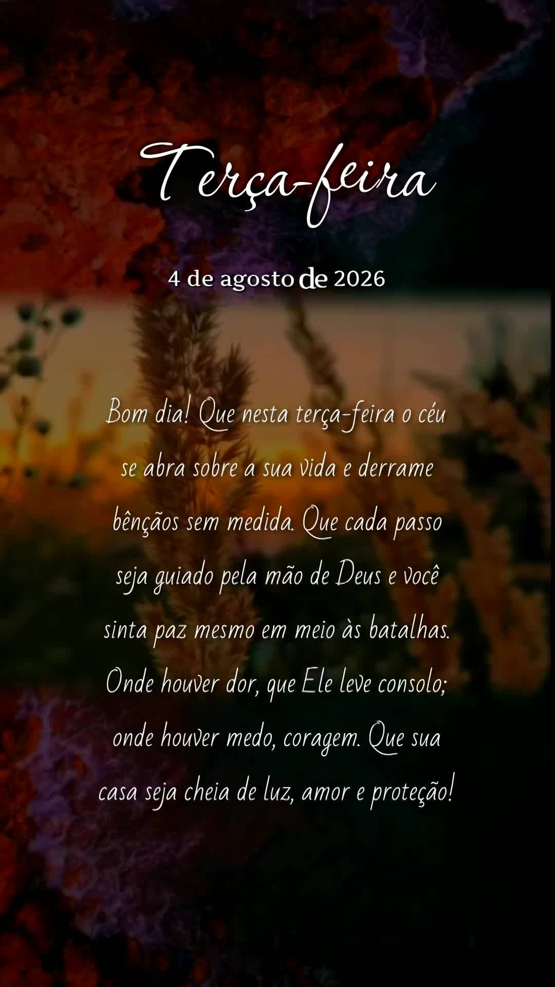 Bom dia! Que nesta terça-feira o céu se abra sobre a sua vida e derrame bênçãos sem medida. Que cada passo seja guiado pela mão de Deus e você sin...