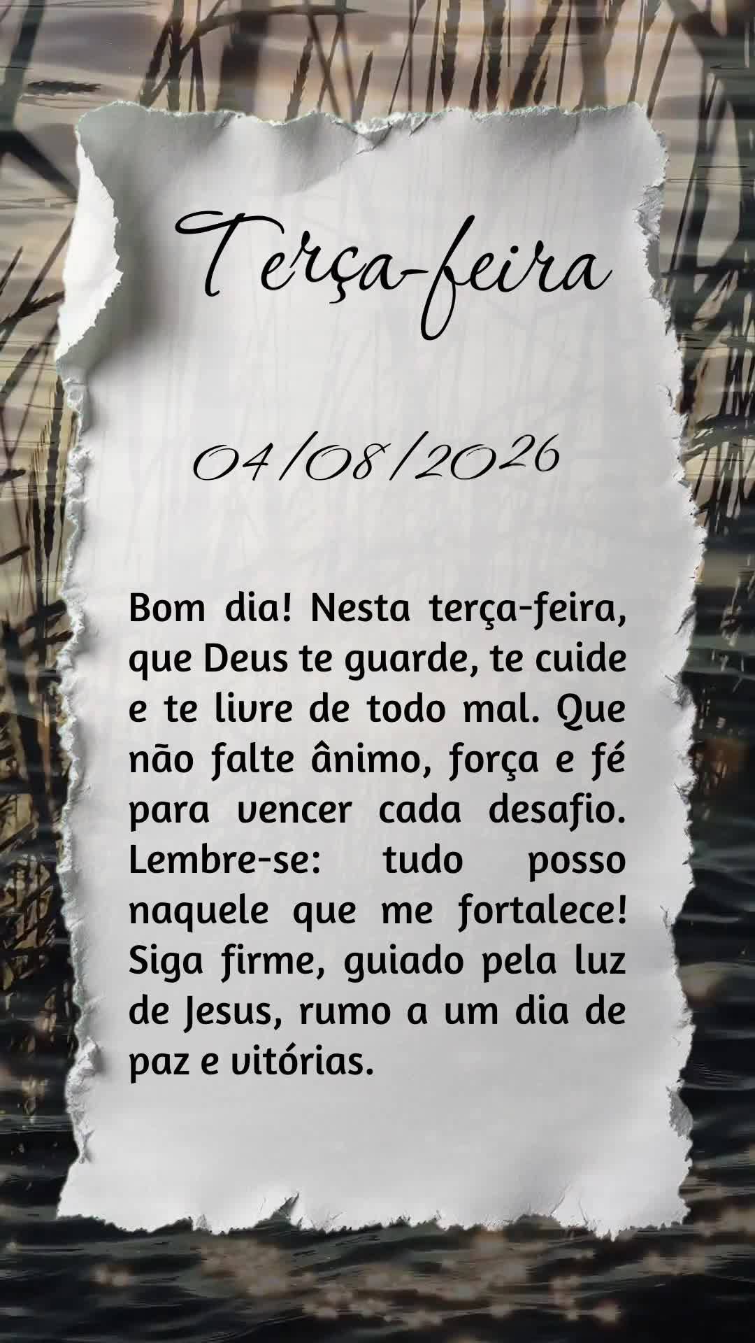 Bom dia! Nesta terça-feira, que Deus te guarde, te cuide e te livre de todo mal. Que não falte ânimo, força e fé para vencer cada desafio. Lembre-se...