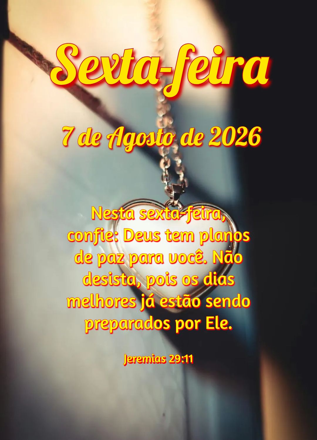 Nesta sexta-feira, confie: Deus tem planos de paz para você. Não desista, pois os dias melhores já estão sendo preparados por Ele. Jeremias 29:11