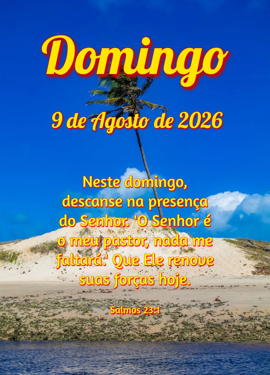 Neste domingo, descanse na presença do Senhor. 'O Senhor é o meu pastor, nada me faltará.' Que Ele renove suas forças hoje. Salmos 23:1