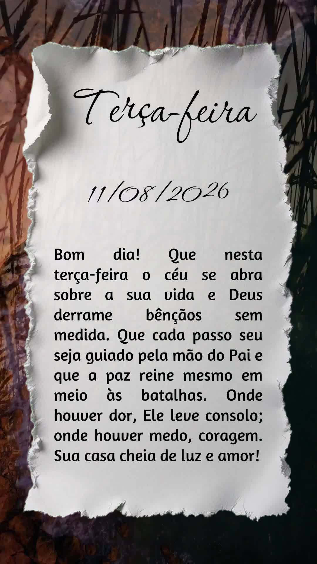 Bom dia! Que nesta terça-feira o céu se abra sobre a sua vida e Deus derrame bênçãos sem medida. Que cada passo seu seja guiado pela mão do Pai e q...