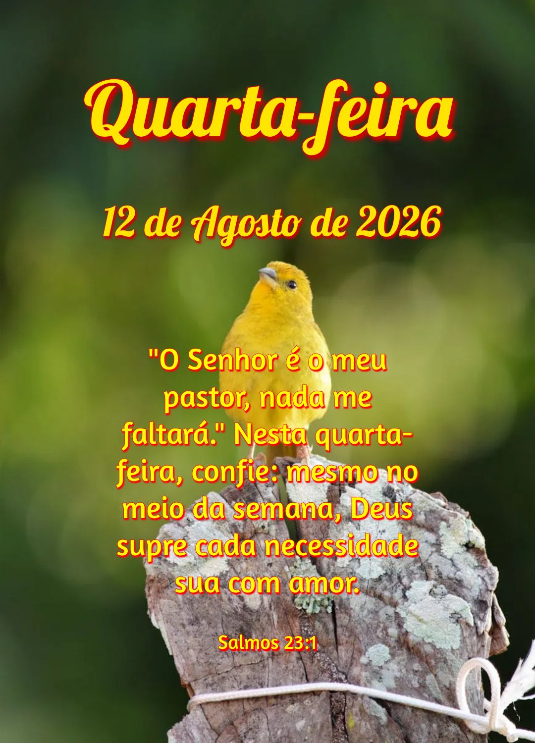 "O Senhor é o meu pastor, nada me faltará." Nesta quarta-feira, confie: mesmo no meio da semana, Deus supre cada necessidade sua com amor. Salmos 23:1...