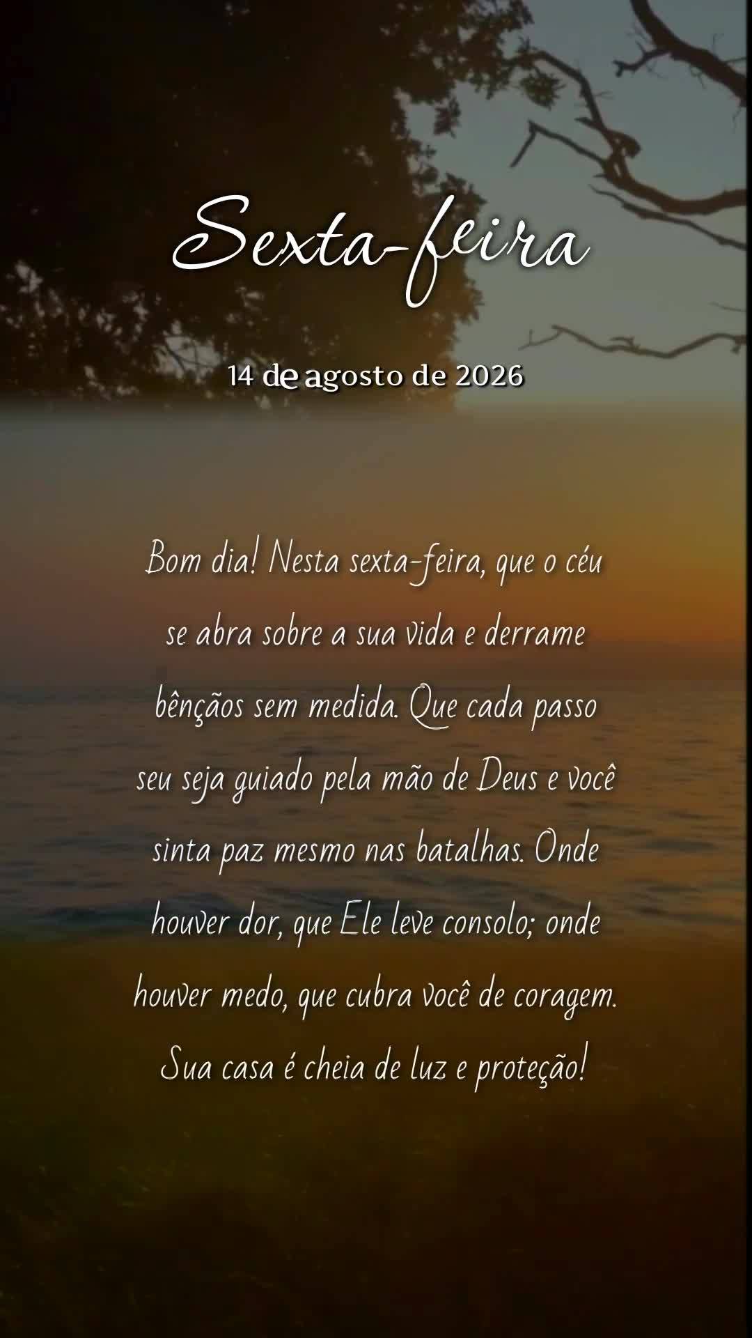 Bom dia! Nesta sexta-feira, que o céu se abra sobre a sua vida e derrame bênçãos sem medida. Que cada passo seu seja guiado pela mão de Deus e você...