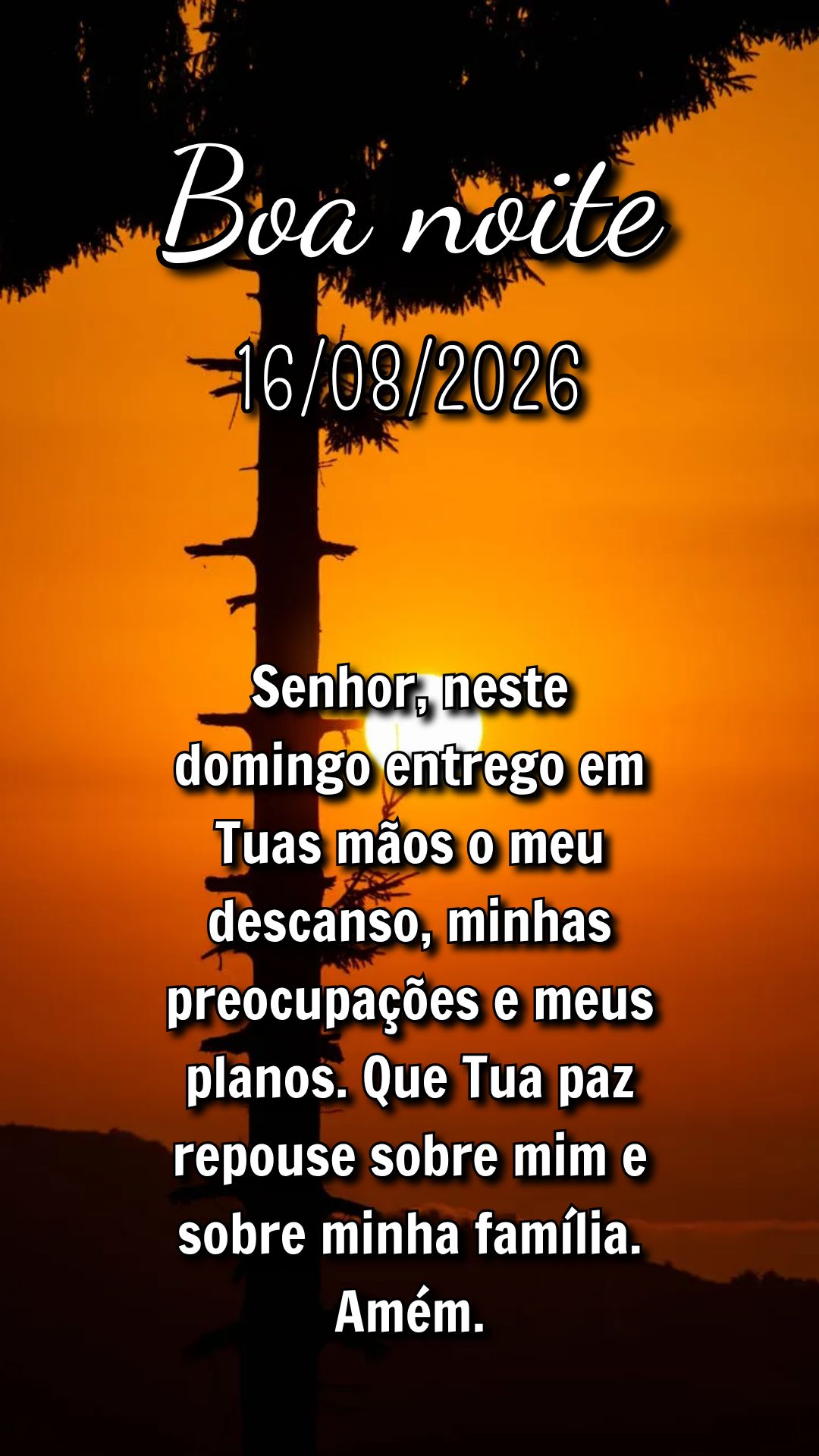 Senhor, neste domingo entrego em Tuas mãos o meu descanso, minhas preocupações e meus planos. Que Tua paz repouse sobre mim e sobre minha família. Am...