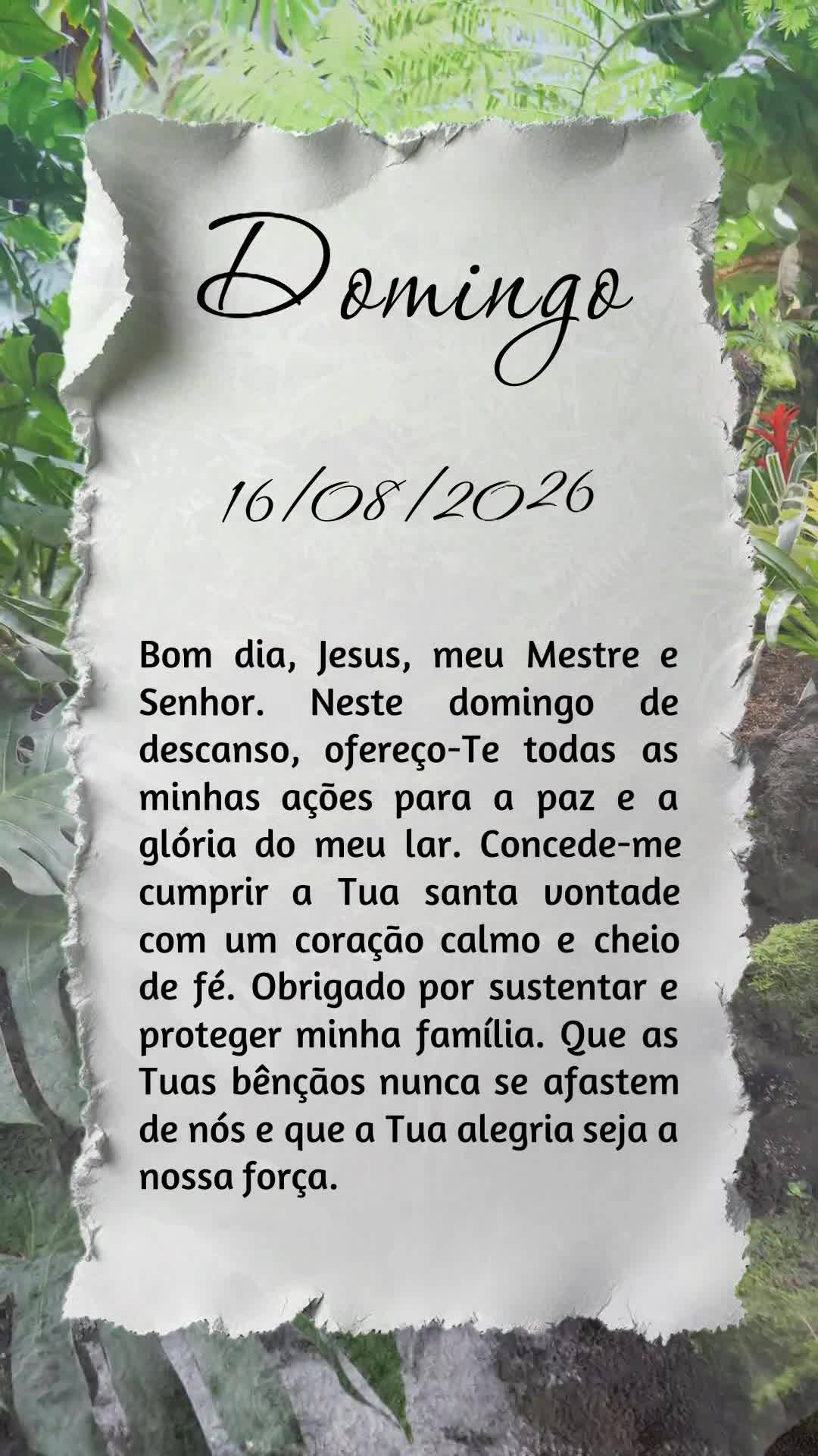 Bom dia, Jesus, meu Mestre e Senhor. Neste domingo de descanso, ofereço-Te todas as minhas ações para a paz e a glória do meu lar. Concede-me cumprir...