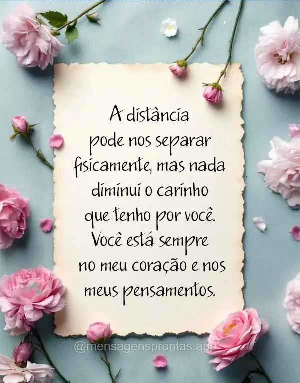 A distância pode nos separar fisicamente, mas nada diminui o carinho que tenho por você. Você está sempre no meu coração e nos meus pensamentos.