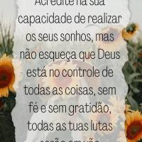 Acredite na sua capacidade de realizar os seus sonhos, mas não esqueça que Deus está no controle de todas as coisas. Sem fé e sem gratidão, todas as...