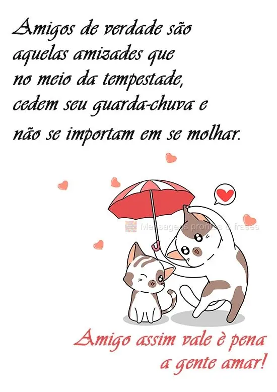 Amigos de verdade são aqueles que no meio da tempestade, cedem seu guarda-chuva e não se importam em se molhar. Amigo assim vale a pena a gente amar!
...
