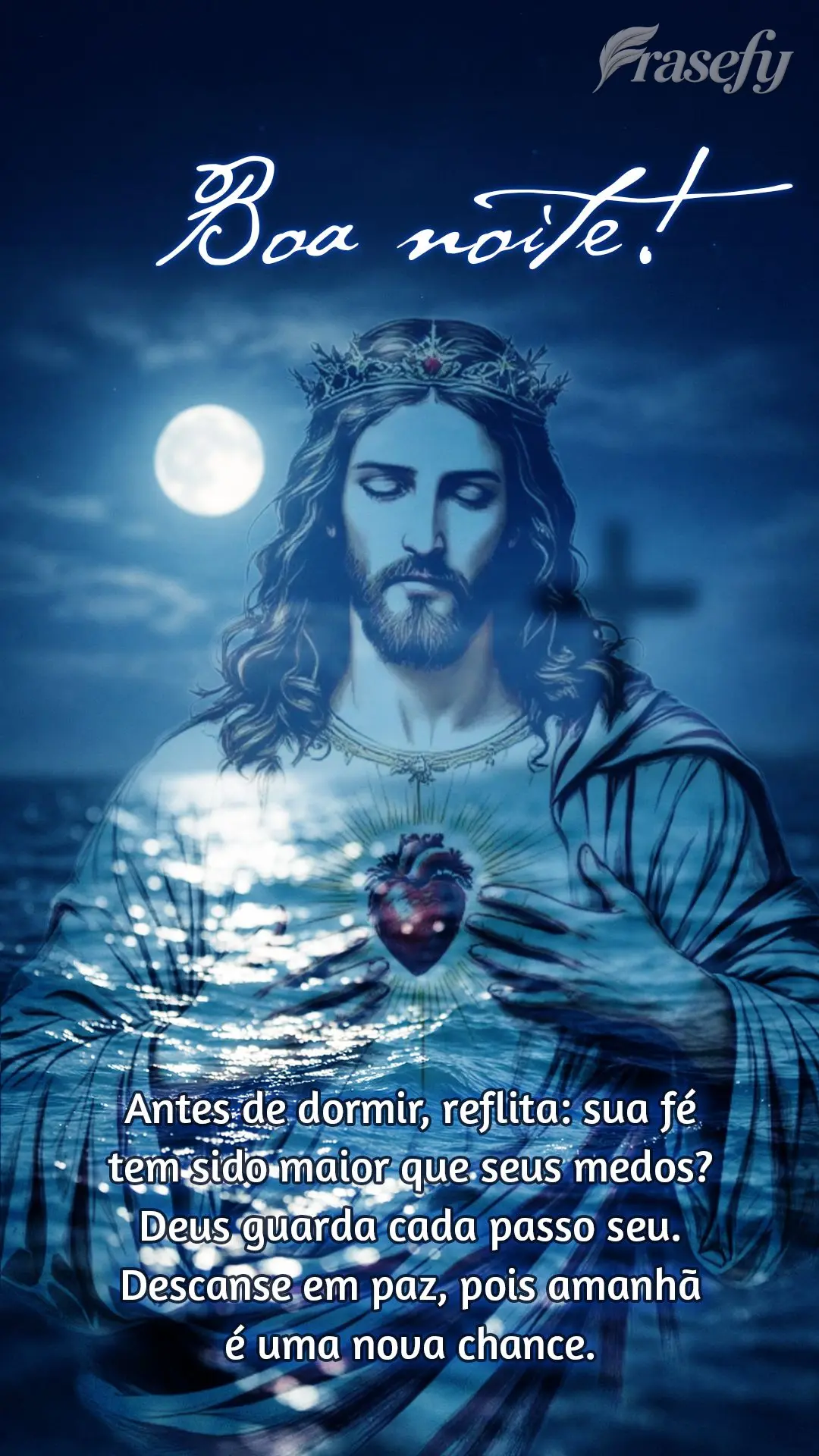 Antes de dormir, reflita: sua fé tem sido maior que seus medos? Deus guarda cada passo seu. Descanse em paz, pois amanhã é uma nova chance. Boa noite!...