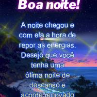 A noite chegou e com ela a hora de repor as energias. Desejo que você tenha uma ótima noite de descanso e acorde renovado para um novo dia.  Boa noite!...