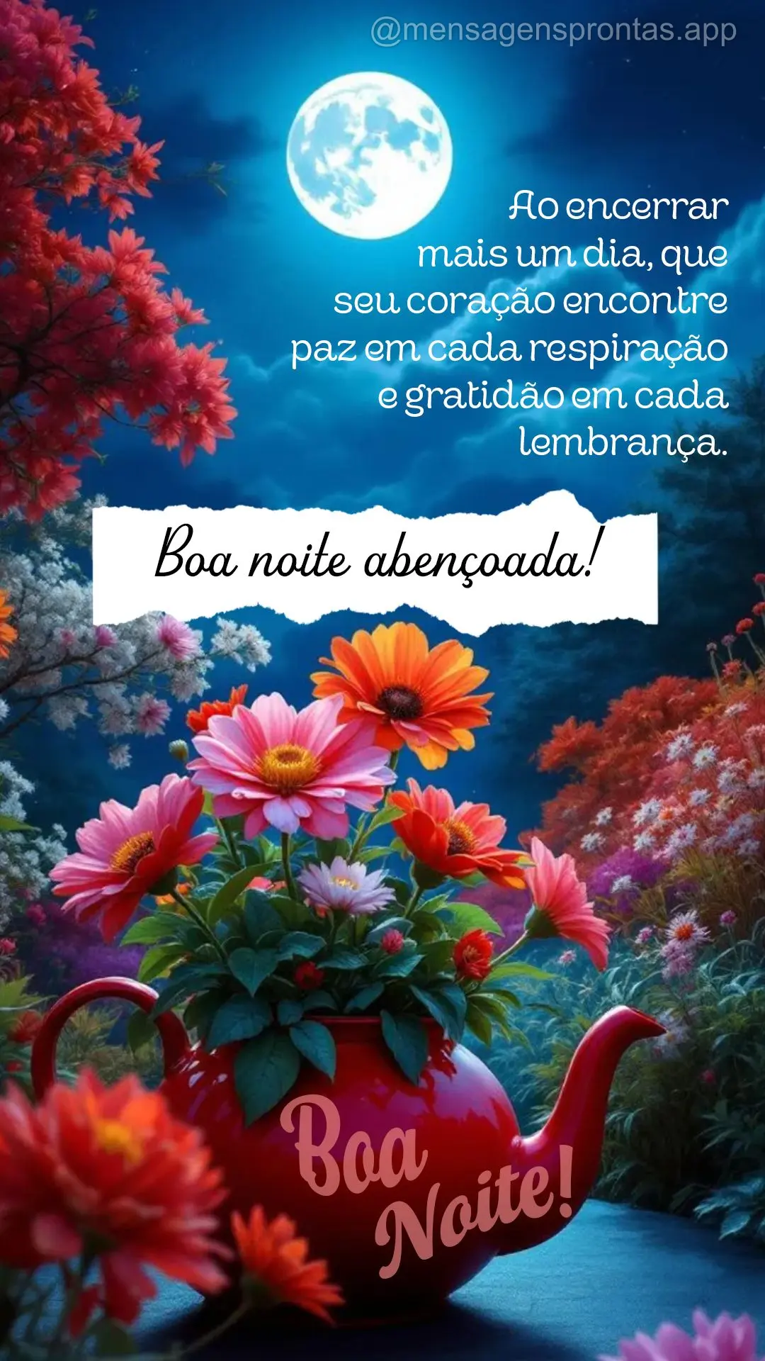 Ao encerrar mais um dia, que seu coração encontre paz em cada respiração e gratidão em cada lembrança.  Boa noite abençoada!