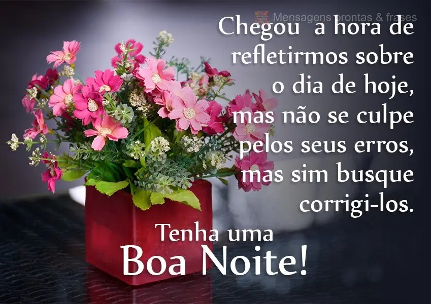 Chegou  a hora de refletirmos sobre o dia de hoje, mas não se culpe pelos seus erros, mas sim busque corrigi-los.
  Tenha uma Boa Noite!