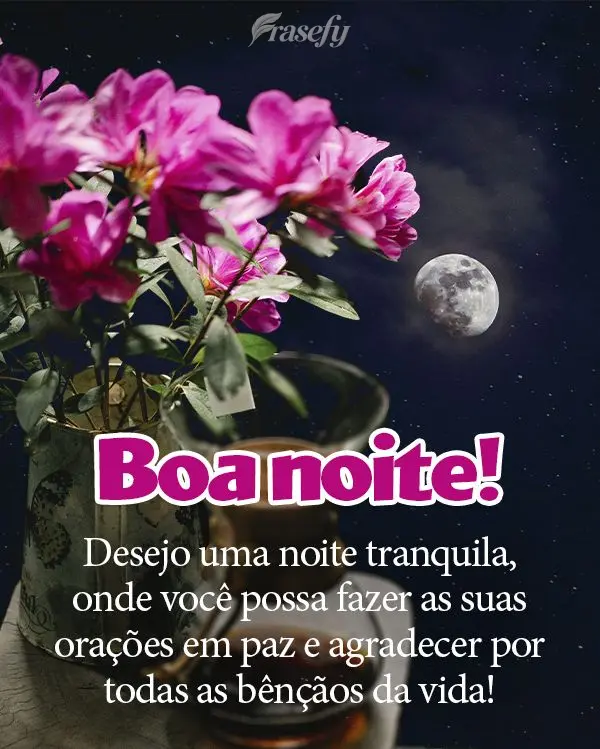 Desejo uma noite tranquila, onde você possa fazer as suas orações em paz e agradecer por todas as bênçãos da vida! Boa noite! 