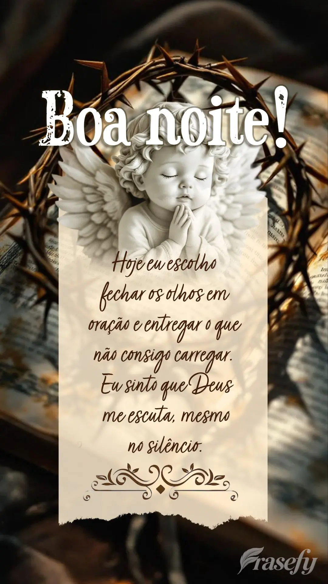 Boa noite. Hoje eu escolho fechar os olhos em oração e entregar o que não consigo carregar. Eu sinto que Deus me escuta, mesmo no silêncio.