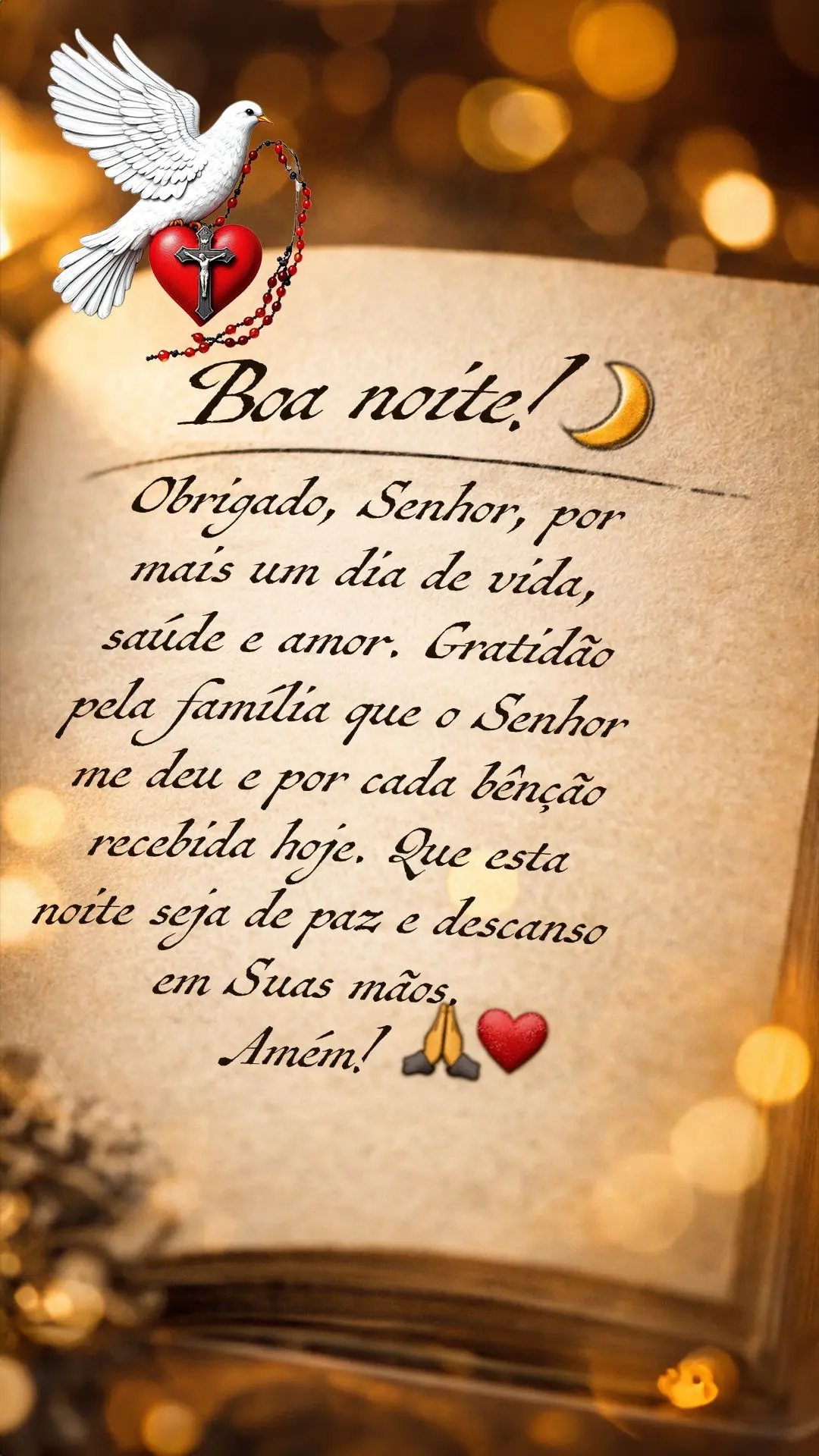 Boa noite! 🌙✨
Obrigado, Senhor, por mais um dia de vida, saúde e amor. Gratidão pela família que o Senhor me deu e por cada bênção recebida ho...