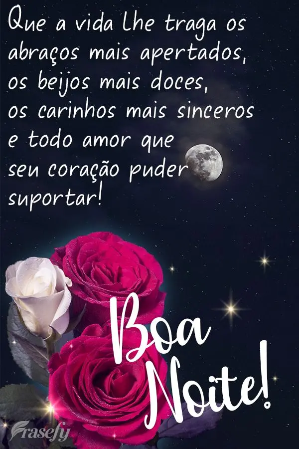 Que a vida lhe traga os abraços mais apertados, os beijos mais doces, os carinhos mais sinceros e todo amor que seu coração puder suportar! Boa noite!...