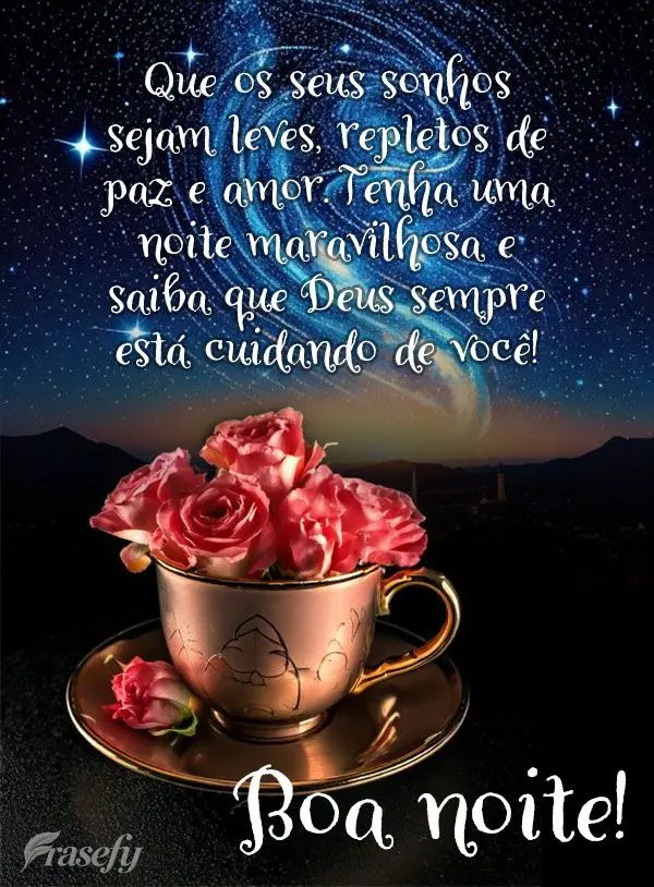 Que os seus sonhos sejam leves, repletos de paz e amor. Tenha uma noite maravilhosa e saiba que Deus está cuidando de você!  Boa noite!