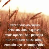 Entre todas as coisas belas da vida, a que eu mais aprecio são pessoas que enfeitam nossa alma com abraços e compartilha por aí uma alegria irradiante...