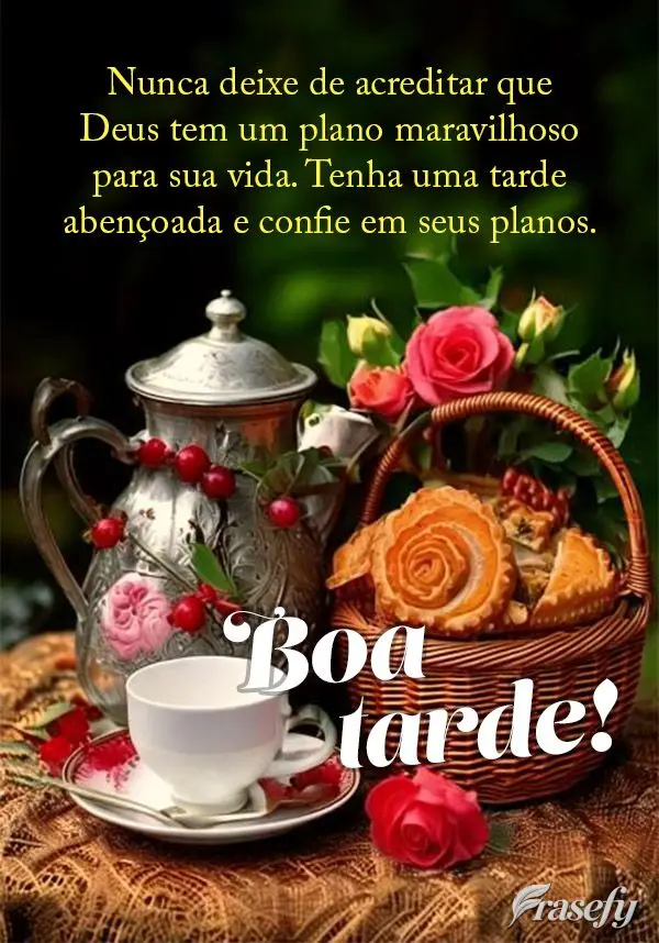 Nunca deixe de acreditar que Deus tem um plano maravilhoso para sua vida. Tenha uma tarde abençoada e confie em seus planos. Boa tarde!