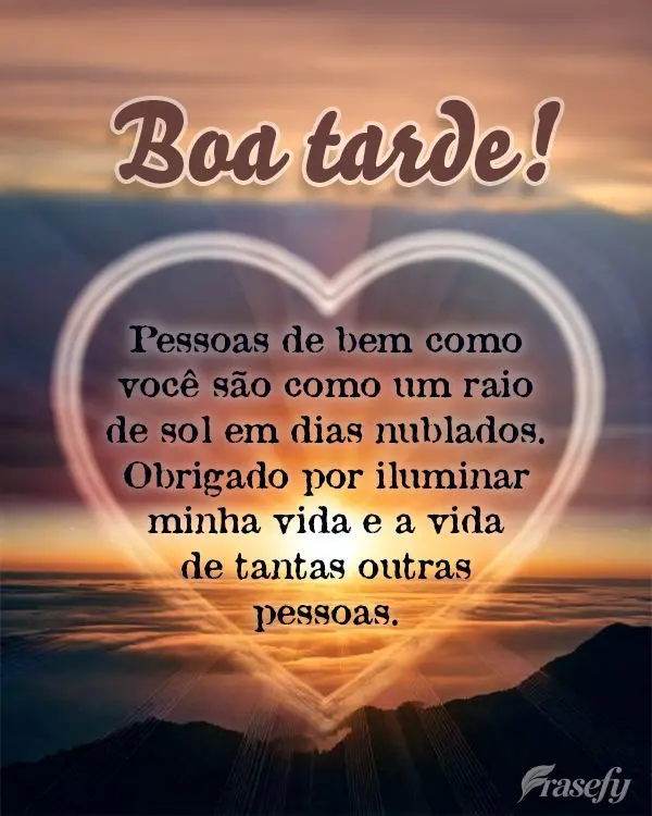 Pessoas de bem como você são como um raio de sol em dias nublados. Obrigado por iluminar minha vida e a vida de tantas outras pessoas. Boa tarde!