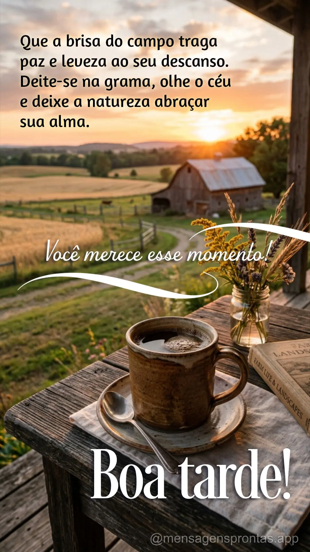 Que a brisa do campo traga paz e leveza ao seu descanso. Deite-se na grama, olhe o céu e deixe a natureza abraçar sua alma. Você merece esse momento! ...