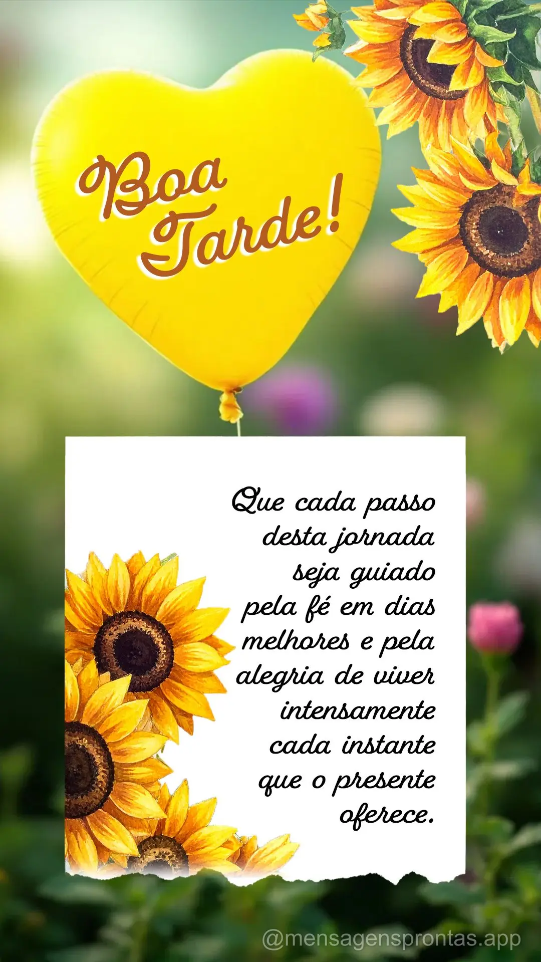 Que cada passo desta jornada seja guiado pela fé em dias melhores e pela alegria de viver intensamente cada instante que o presente oferece. Boa tarde!...