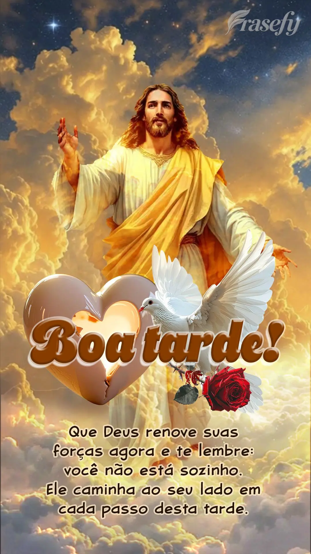 Boa tarde! Que Deus renove suas forças agora e te lembre: você não está sozinho. Ele caminha ao seu lado em cada passo desta tarde. 🙏✨