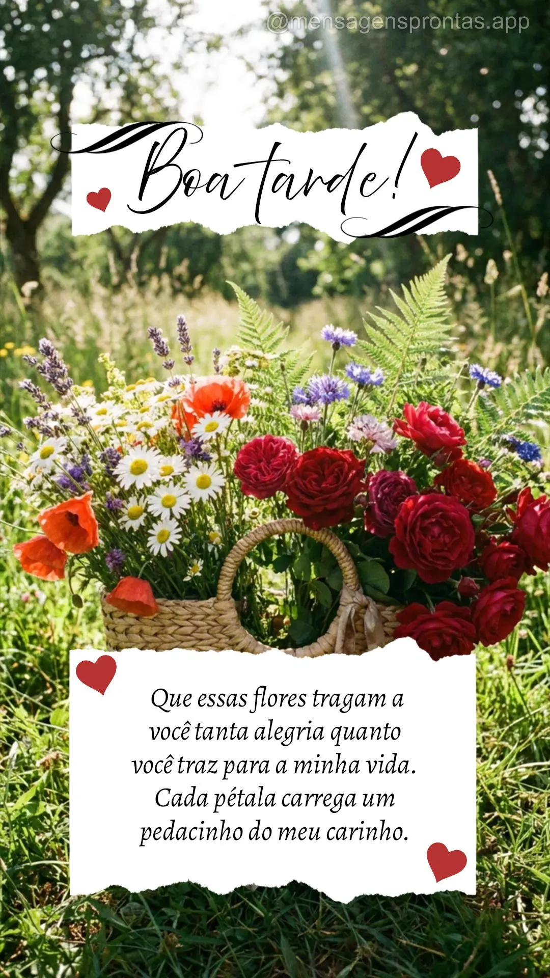 Que essas flores tragam a você tanta alegria quanto você traz para a minha vida. Cada pétala carrega um pedacinho do meu carinho. Boa tarde!
