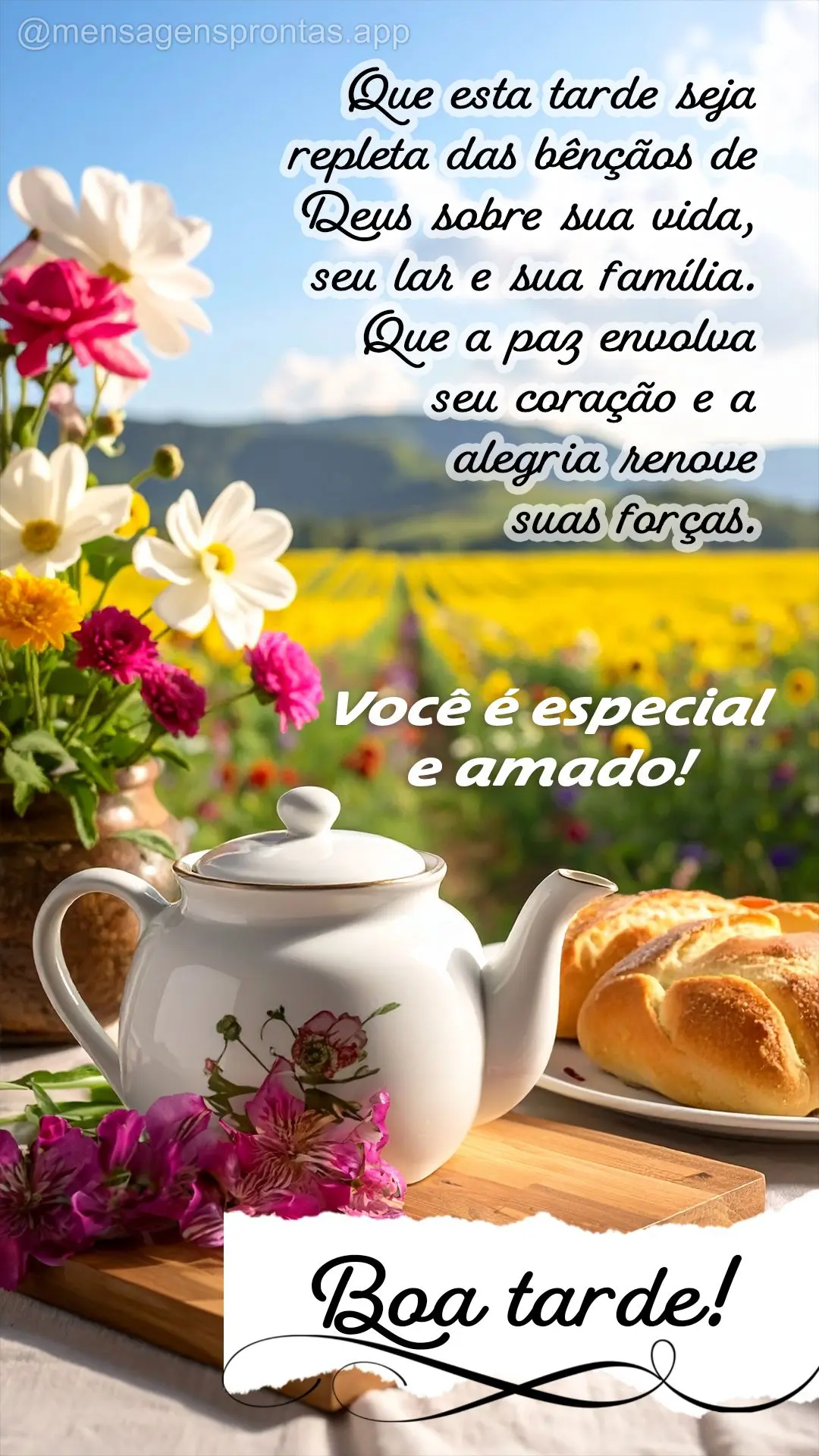 Que esta tarde seja repleta das bênçãos de Deus sobre sua vida, seu lar e sua família. Que a paz envolva seu coração e a alegria renove suas força...