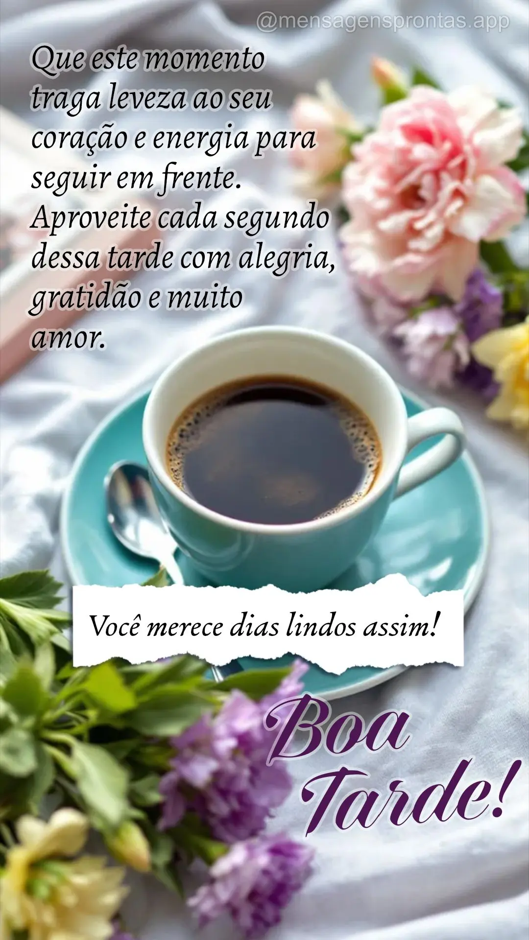 Que este momento traga leveza ao seu coração e energia para seguir em frente. Aproveite cada segundo dessa tarde com alegria, gratidão e muito amor. V...