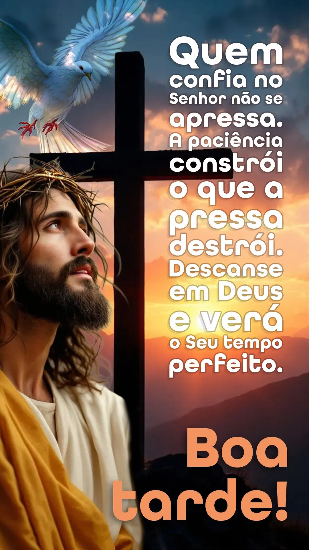 Boa tarde! Quem confia no Senhor não se apressa. A paciência constrói o que a pressa destrói. Descanse em Deus e verá o Seu tempo perfeito.