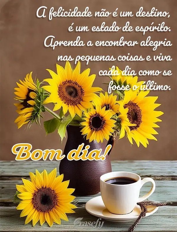 A felicidade não é um destino, é um estado de espírito. Aprenda a encontrar alegria nas pequenas coisas e viva cada dia como se fosse o último. Bom ...