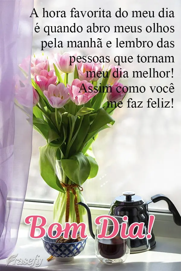 A hora favorita do meu dia é quando abro meus olhos pela manhã e lembro das pessoas que tornam meu dia melhor! Assim como você me faz feliz!
  Bom Di...