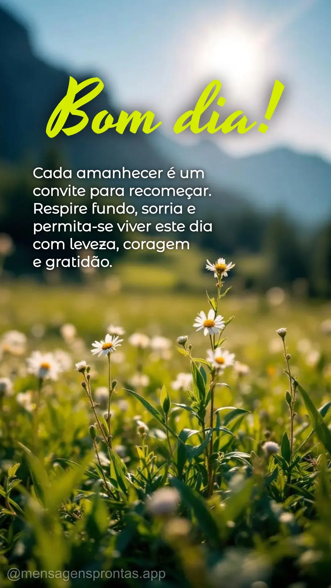 Cada amanhecer é um convite para recomeçar. Respire fundo, sorria e permita-se viver este dia com leveza, coragem e gratidão. Bom dia!