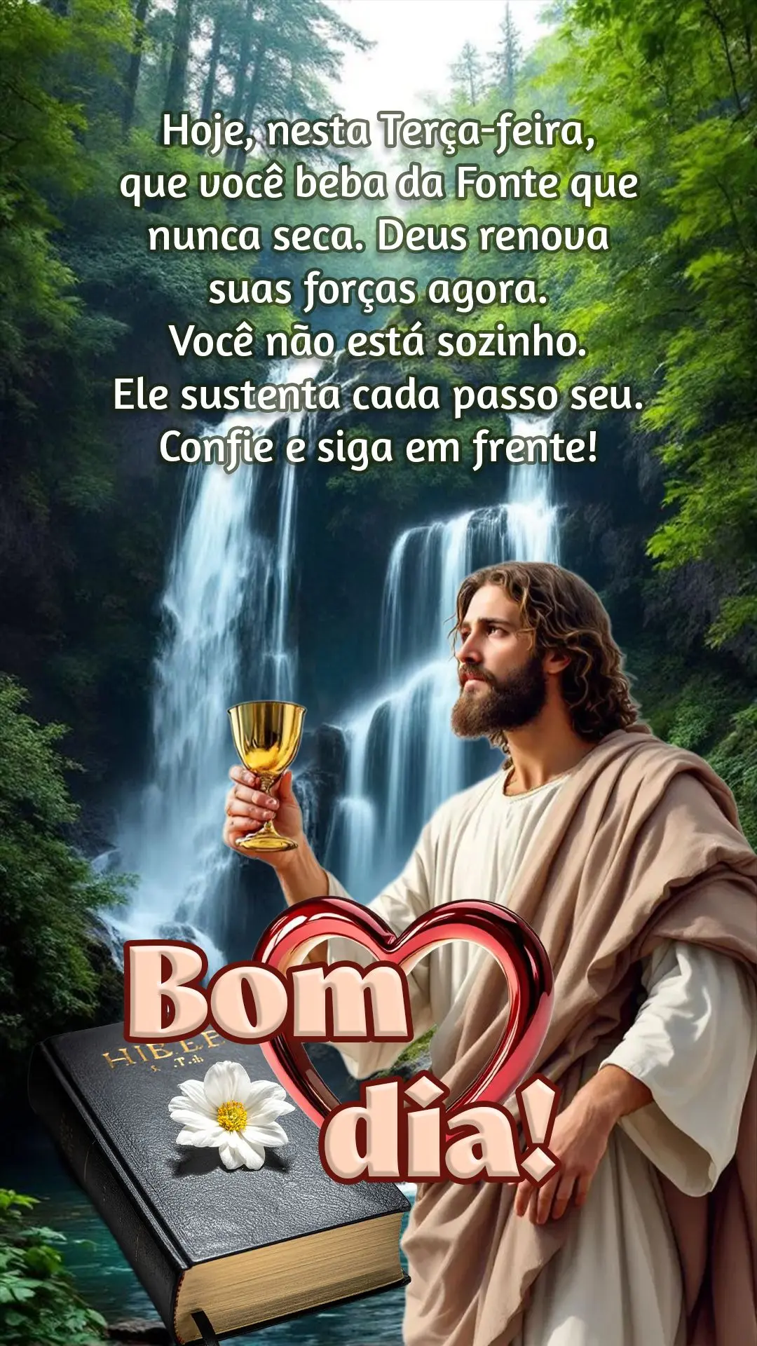Bom dia! Hoje, nesta terça-feira, que você beba da Fonte que nunca seca. Deus renova suas forças agora. Você não está sozinho. Ele sustenta cada pa...