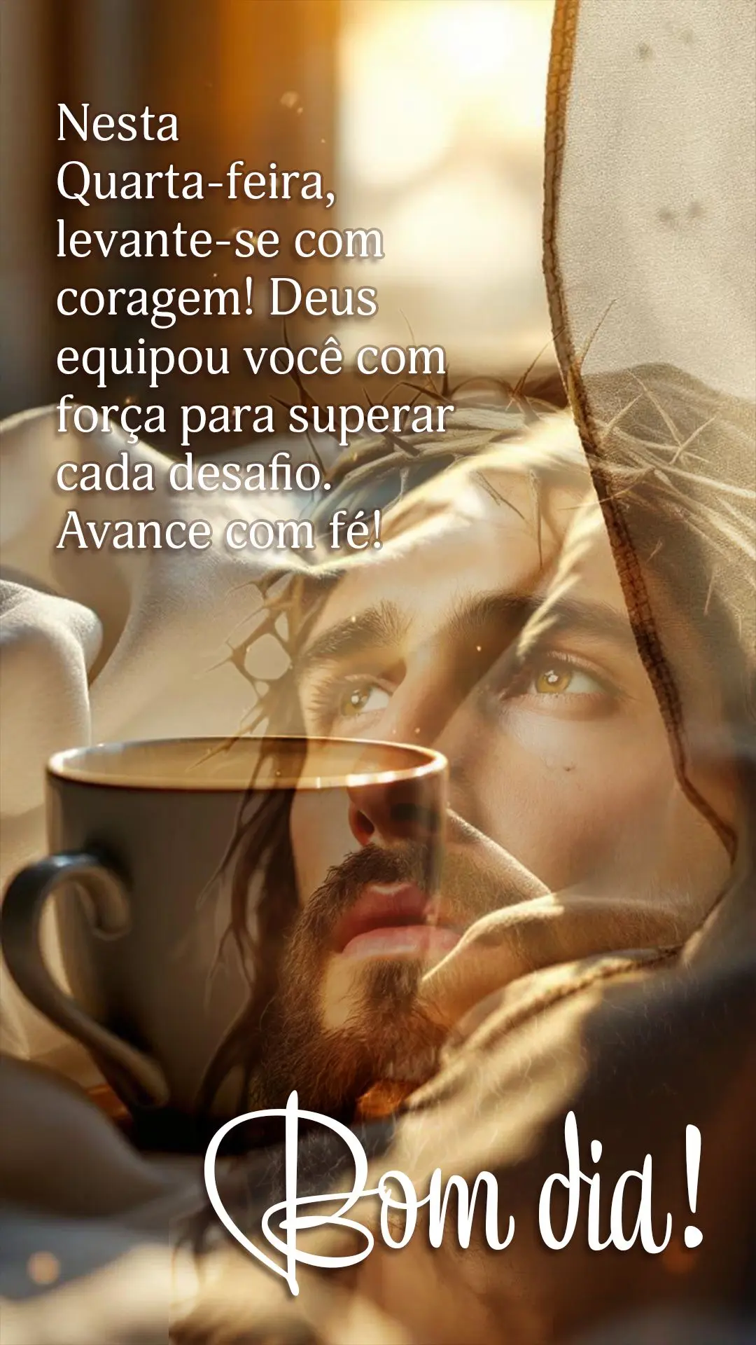 🌟 Bom dia! Nesta quarta-feira, levante-se com coragem! Deus equipou você com força para superar cada desafio. Avance com fé! 💪✨