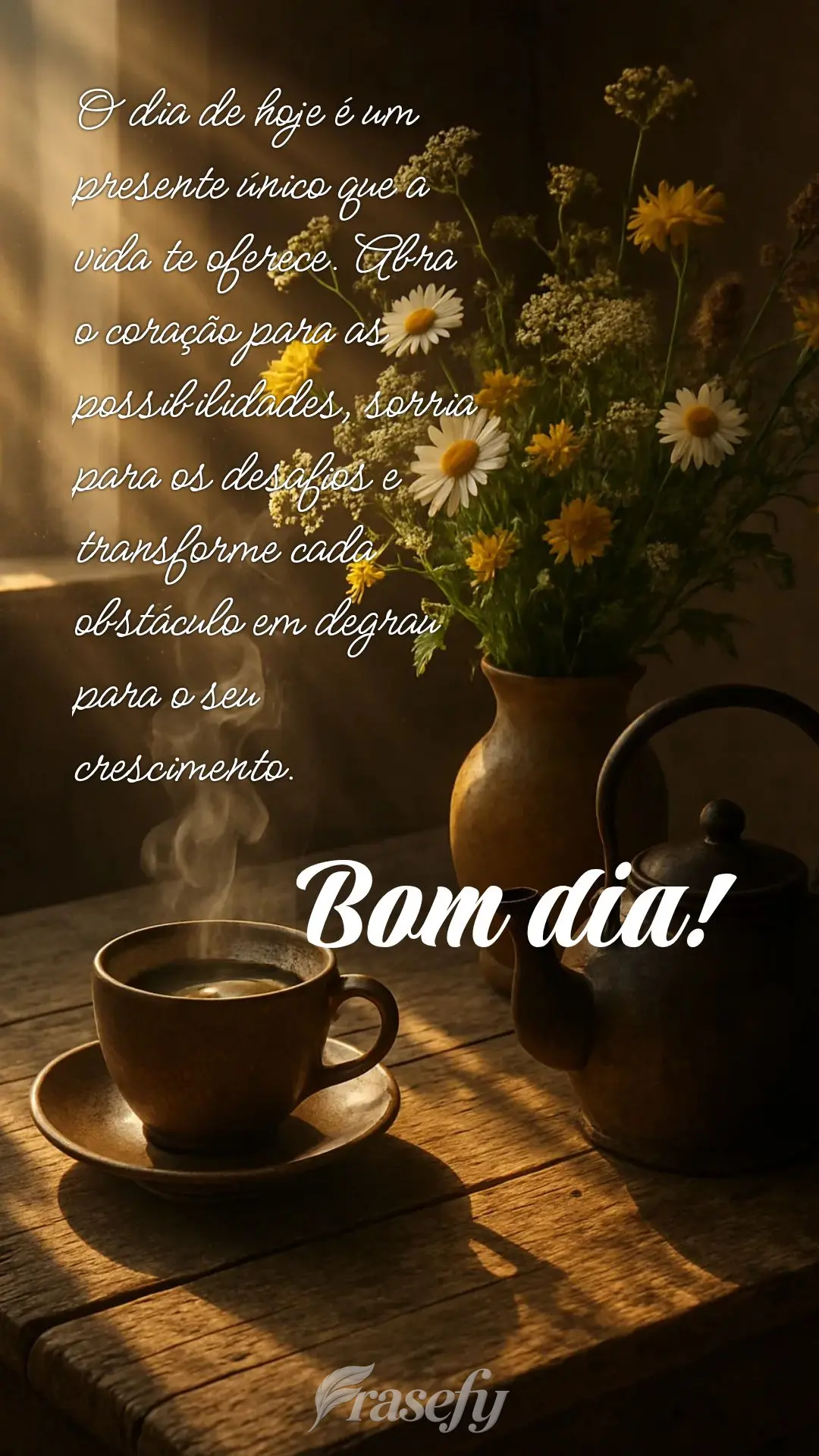 O dia de hoje é um presente único que a vida te oferece. Abra 
o coração para as possibilidades, sorria para os desafios e transforme cada obstácul...