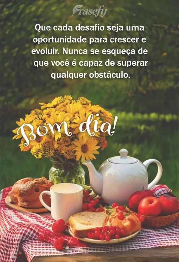 Que cada desafio seja uma oportunidade para crescer e evoluir. Nunca se esqueça de que você é capaz de superar qualquer obstáculo. Bom dia!